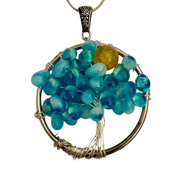 Tree of Life Turquoise Gemstone Beads Pendant Wire Wrapped Silver Chain Necklace - Picture 3 of 7